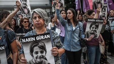 Protesters hold portraits of Narin Guran, 8, whose body was found after being missing for 19 days, during a protest at Kadikoy district in Istanbul, on September 8. AFP