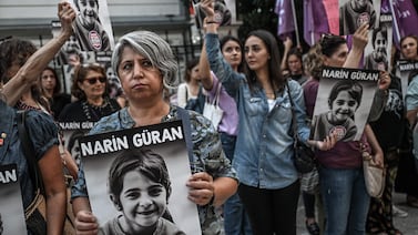Protesters hold portraits of Narin Guran, 8, whose body was found after being missing for 19 days, during a protest at Kadikoy district in Istanbul, on September 8. AFP