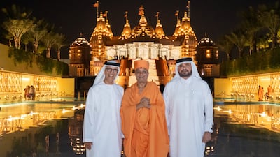 A gathering of UAE leaders, religious heads, government officials and residents watch the new 3D film that charts the history of the temple from conception to inauguration. Photos: Baps Hindu Mandir