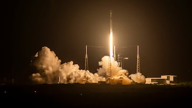 The Falcon 9 rocket carrying 21 Starlink internet satellites launches from Cape Canaveral, Florida, on August 28.  (SpaceX via AP)