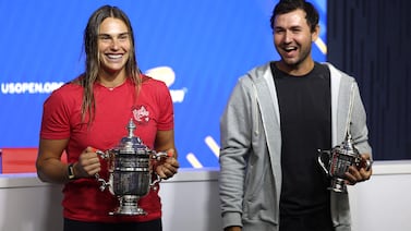Aryna Sabalenka with her coach Anton Dubrov after defeating Jessica Pegula to win the US Open in New York. Getty Images