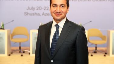 Hikmet Hajiyev, foreign policy adviser to Azerbaijan’s president, at the Shusha Media Forum on Sunday. Pawan Singh / The National