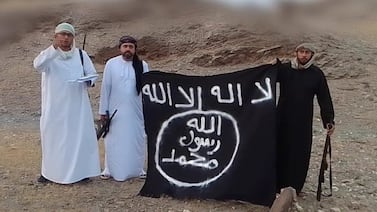 A still from a video released by ISIS purports to show the three gunmen who attacked a mosque in Wadi Al Kabir, near Muscat, killing six people and injuring dozens. The suspects were shot dead by Omani police. Amaq News Agency