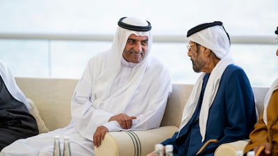 Sheikh Hamad bin Mohammed Al Sharqi, Ruler of Fujairah, with Sheikh Tahnoon bin Mohammed, Former Ruler's Representative of Al Ain Region, during a Sea Palace barza in January 2024.
Abdulla Al Bedwawi / UAE Presidential Court 
