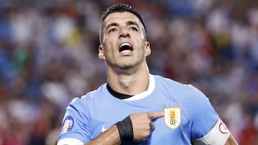 epaselect epa11476894 Luis Suarez of Uruguay celebrates after scoring during the CONMEBOL Copa America 2024 3rd place match against Canada in Charlotte, North Carolina, USA, 13 July 2024.  EPA-EFE/ERIK S. LESSER