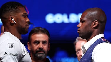 Anthony Joshua, left, and Daniel Dubois meet at Wembley on Saturday night. Getty Images