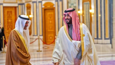 Saudi Arabia's Crown Prince Mohammed bin Salman greets
Sheikh Hamad bin Mohammed Al Sharqi, Ruler of Fujairah, during a Gulf Co-operation Council meeting in Riyadh on December 9, 2022. AFP
