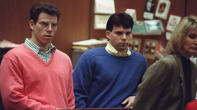 Erik Menendez, left, and his brother Lyle during a pre-trial hearing in 1992 in Los Angeles. AFP