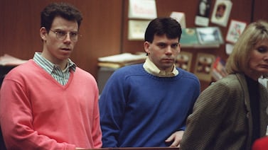 Erik Menendez, left, and his brother Lyle during a pre-trial hearing in 1992 in Los Angeles. AFP
