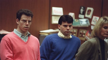 Erik Menendez, left, and his brother Lyle during a pre-trial hearing in 1992 in Los Angeles. AFP