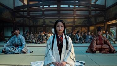 Eita Okuno as Saeki Nobutatsu, left, Anna Sawai as Toda Mariko, centre, Hiromoto Ida as Kiyama Ukon Sadanaga in Shogun. AP Photo
