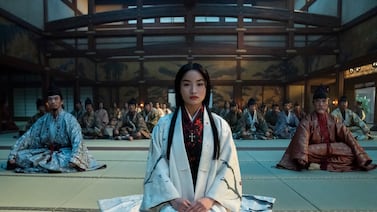 Eita Okuno as Saeki Nobutatsu, left, Anna Sawai as Toda Mariko, centre, Hiromoto Ida as Kiyama Ukon Sadanaga in Shogun. AP Photo