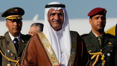 Sheikh Hamad bin Mohammed Al Sharqi, Ruler of Fujairah, arrives in Tunis to attend the Arab Summit in March 2019. AFP