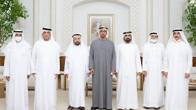 President Sheikh Mohamed with Sheikh Mohammed bin Rashid, Vice-President and Ruler of Dubai, Sheikh Hamad bin Mohammed Al Sharqi, Ruler of Fujairah, Sheikh Saud bin Saqr Al Qasimi, Ruler of Ras Al Khaimah, Sheikh Dr Sultan bin Muhammad Al Qasimi, Ruler of Sharjah, Sheikh Humaid bin Rashid Al Nuaimi, Ruler of Ajman, Sheikh Saud bin Rashid Al Mualla, Ruler of Umm Al Quwain, following a Federal Supreme Council meeting at Mushrif Palace in May 2022. Hamad Al Kaabi / Ministry of Presidential Affairs