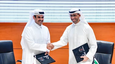 Saad Al Kaabi, left, chief executive of QatarEnergy and Qatar’s Minister of State for Energy Affairs, with Sheikh Nawaf Al Sabah, chief executive of Kuwait Petroleum Corporation, in Kuwait City. AFP