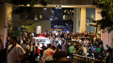 People gather outside American University of Beirut Medical Center (AUBMC) as more than 1,000 people, including Hezbollah fighters and medics, were wounded when the pagers they use to communicate exploded across Lebanon, according to a security source, in Beirut, Lebanon September 17, 2024.  REUTERS / Mohamed Azakir        TPX IMAGES OF THE DAY