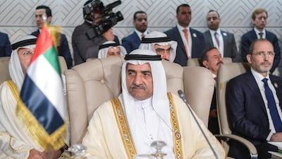 Sheikh Hamad bin Mohammed Al Sharqi, Ruler of Fujairah, represents the UAE at the opening session of the 30th Arab League summit in Tunis on March 31, 2019. AFP