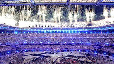Fireworks sparkle in the sky at the end of the closing ceremony of the Paris 2024 Olympic Games at the Stade de France, in Saint-Denis, in the outskirts of Paris, on August 11, 2024.  (Photo by Dimitar DILKOFF  /  AFP)