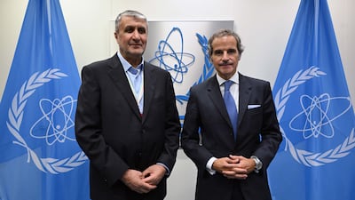 Iran's nuclear chief Mohammad Eslami, left, held talks with IAEA boss Rafael Grossi during the agency's annual conference in Vienna. Photo: IAEA