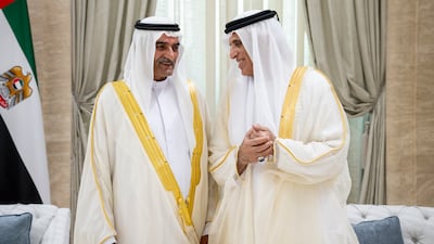 Sheikh Hamad bin Mohammed Al Sharqi, Ruler of Fujairah, and Sheikh Saud bin Saqr Al Qasimi, Ruler of Ras Al Khaimah, in discussion at an Eid Al Fitr reception at Mushrif Palace on April 10, 2024. Hamad Al Kaabi / UAE Presidential Court