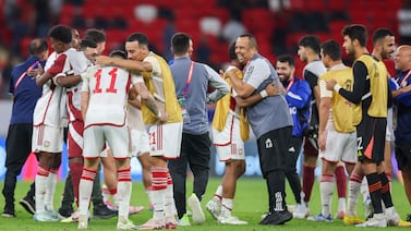 UAE players celebrate after their 2026 World Cup qualifying win over Qatar. AFP