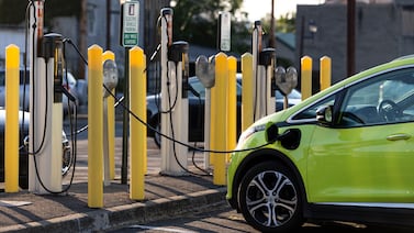 A Chevrolet Bolt at a charging station in Hudson, New York. Sufficient charging infrastructure is vital for the uptake of electric vehicles. Bloomberg.