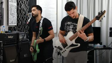 Metarust members Marwan El Messeery, left, and Saif Sami in their studio. Wajod Alkhamis / The National