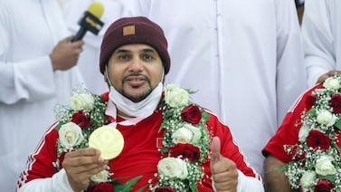 The UAE's Abdullah Sultan Al Aryani after winning gold in the 50m Rifle 3P SH1 final at the Tokyo Paralympic Games in 2021. Khushnum Bhandari / The National
