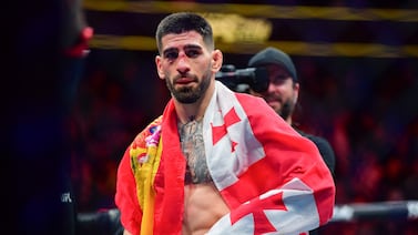 Ilia Topuria celebrates his victory against Alexander Volkanovski at UFC 298 at Honda Center in Anaheim, California on February 17, 2024. Today Sports