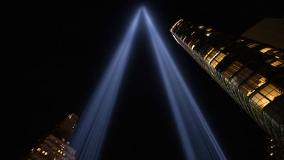 The Tribute in Light illuminates the sky above New York on the 23rd anniversary of the September 11 attacks.  AP Photo