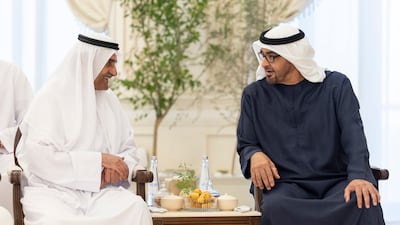President Sheikh Mohamed receives Sheikh Hamad bin Mohammed Al Sharqi, Ruler of Fujairah, during a Sea Palace barza on October 17, 2023. Ryan Carter / UAE Presidential Court 