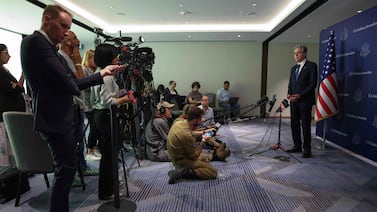 US Secretary of State Antony Blinken speaks to members of the press at David Kempinski Hotel in Tel Aviv on August 19, 2024.  Blinken on August 19 urged Israel and Hamas not to derail negotiations that he said may be a "last opportunity" to secure a Gaza truce and hostage release deal.  AFP.