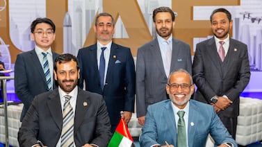 Saif Al Suwaidi, director general of the GCAA, bottom right, signs an interim agreement with Volar Air Mobility to develop the UAE’s first green aviation technology centre. Courtesy: General Civil Aviation Authority