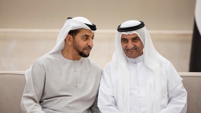 Sheikh Hamad bin Mohammed Al Sharqi, Ruler of Fujairah, with Sheikh Hamdan bin Zayed, Ruler’s Representative of Al Dhafra Region, during an iftar reception at Al Bateen Palace. Ryan Carter / UAE Presidential Court 