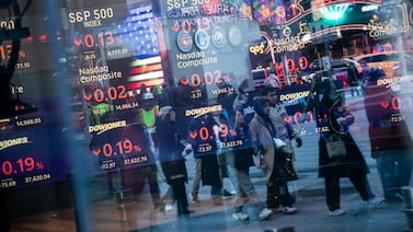 Stock market information at the Nasdaq MarketSite in New York. Stocks always look about three to 30 months ahead. Bloomberg