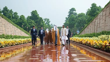 Sheikh Khaled bin Mohamed bin Zayed, Crown Prince of Abu Dhabi, has visited the shrine of Mahatma Gandhi and planted tree saplings at Raj Ghat memorial in New Delhi, India. Photo: Abu Dhabi Media Office