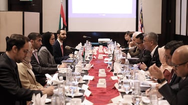 Dr Thani Al Zeyoudi, UAE Minister of State for Foreign Trade, and Malaysia's Minister of Investment, Trade and Industry, Tengku Zafrul Aziz, discussed their countries' Cepa progress in June. Photo: Wam