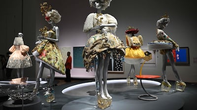 Creations by fashion designer Guo Pei, one of China's leading couture artists, are seen on display during the 'Guo Pei: Fashioning Imagination' exhibition at the M+ art museum in Hong Kong. AFP