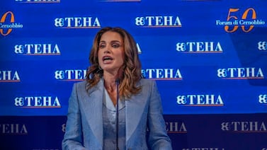 Queen Rania of Jordan speaks at the Ambrosetti Forum in Cernobbio, northern Italy, Saturday, Sept.  7, 2024.  (AP Photo / Luca Bruno)